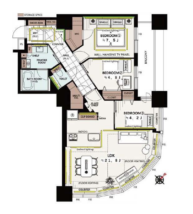 東京ツインパークスレフトウイング　浜離宮の緑を望む、26階・89㎡の角住戸 間取図