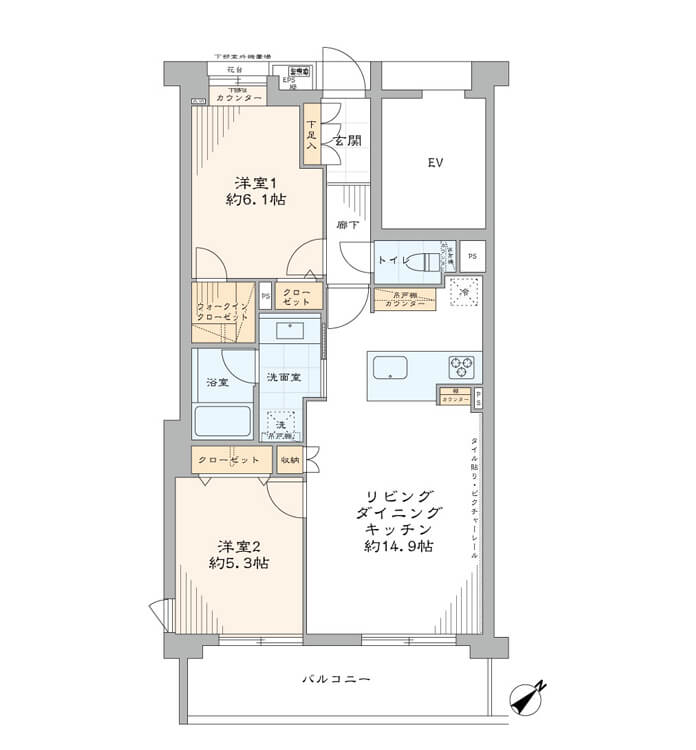 市ヶ谷　南東向きで陽当たり良好、開放感のある眺望の2LDK 間取り図