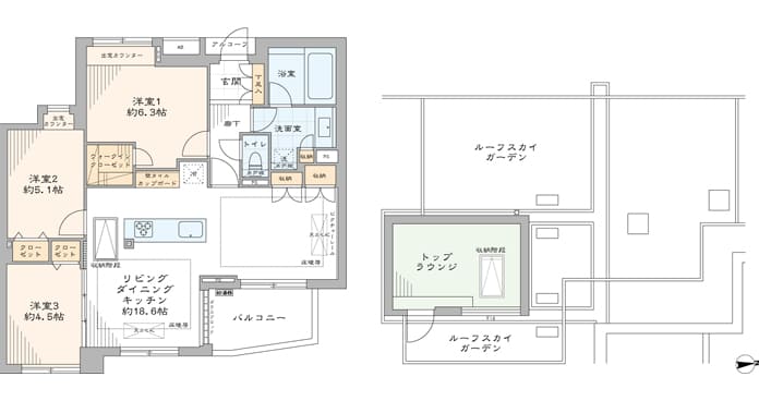 大森　空とつながる約50㎡のルーフスカイガーデン付き邸宅 間取り図