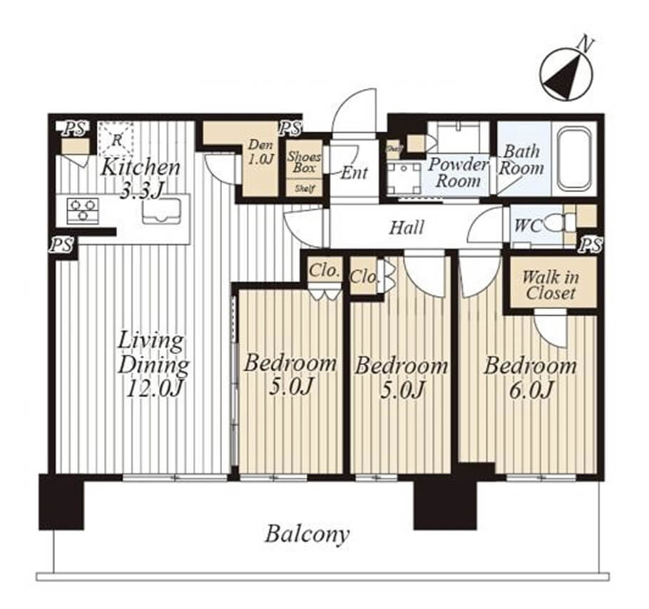 有明　全居室バルコニーに面したワイドスパン設計の3LDK 間取図