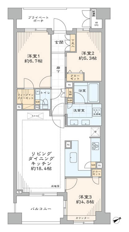 神楽坂　見晴らしのいい景色が望める、南東向きの3LDK 間取り図