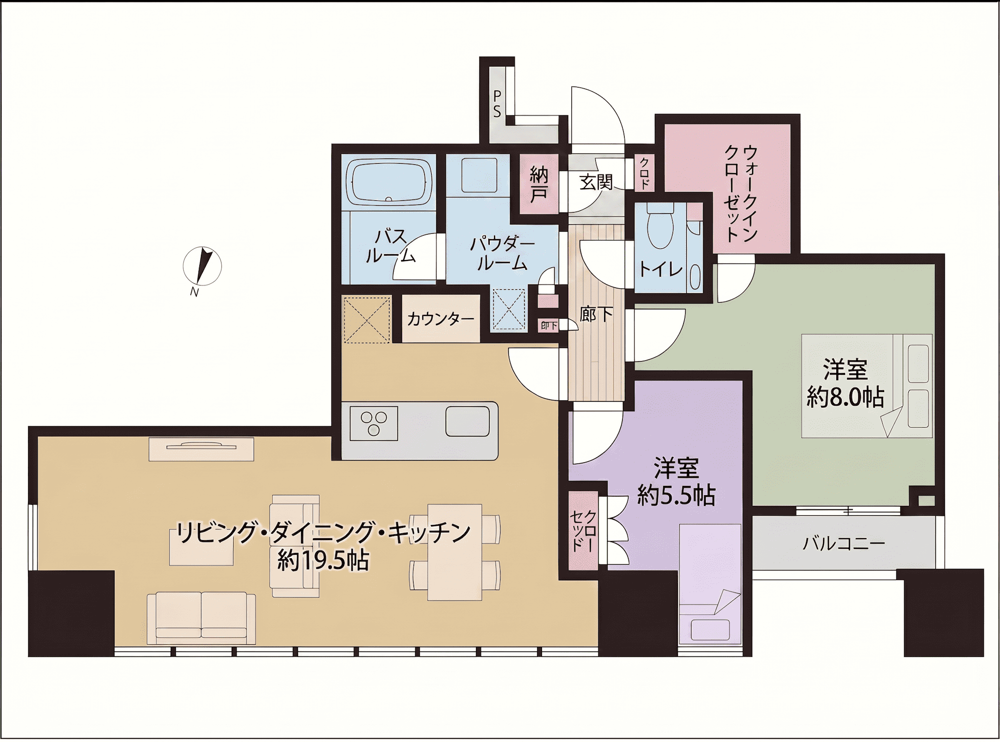白金高輪　駅徒歩1分！窓辺に東京タワーを映す、上質な2LDK 間取り図