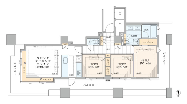 東京パークタワー　三方角住戸×38㎡超バルコニーの開放邸宅 間取り図