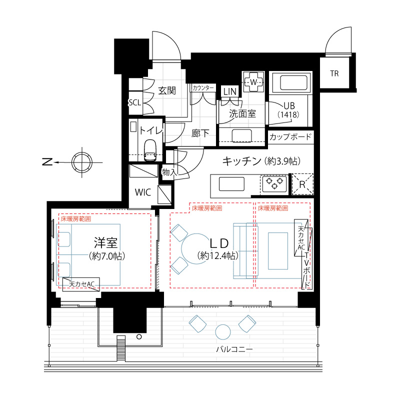 THE COURT神宮外苑　新国立競技場至近！空へと広がるバルコニー付きの上質な1LDK 間取図