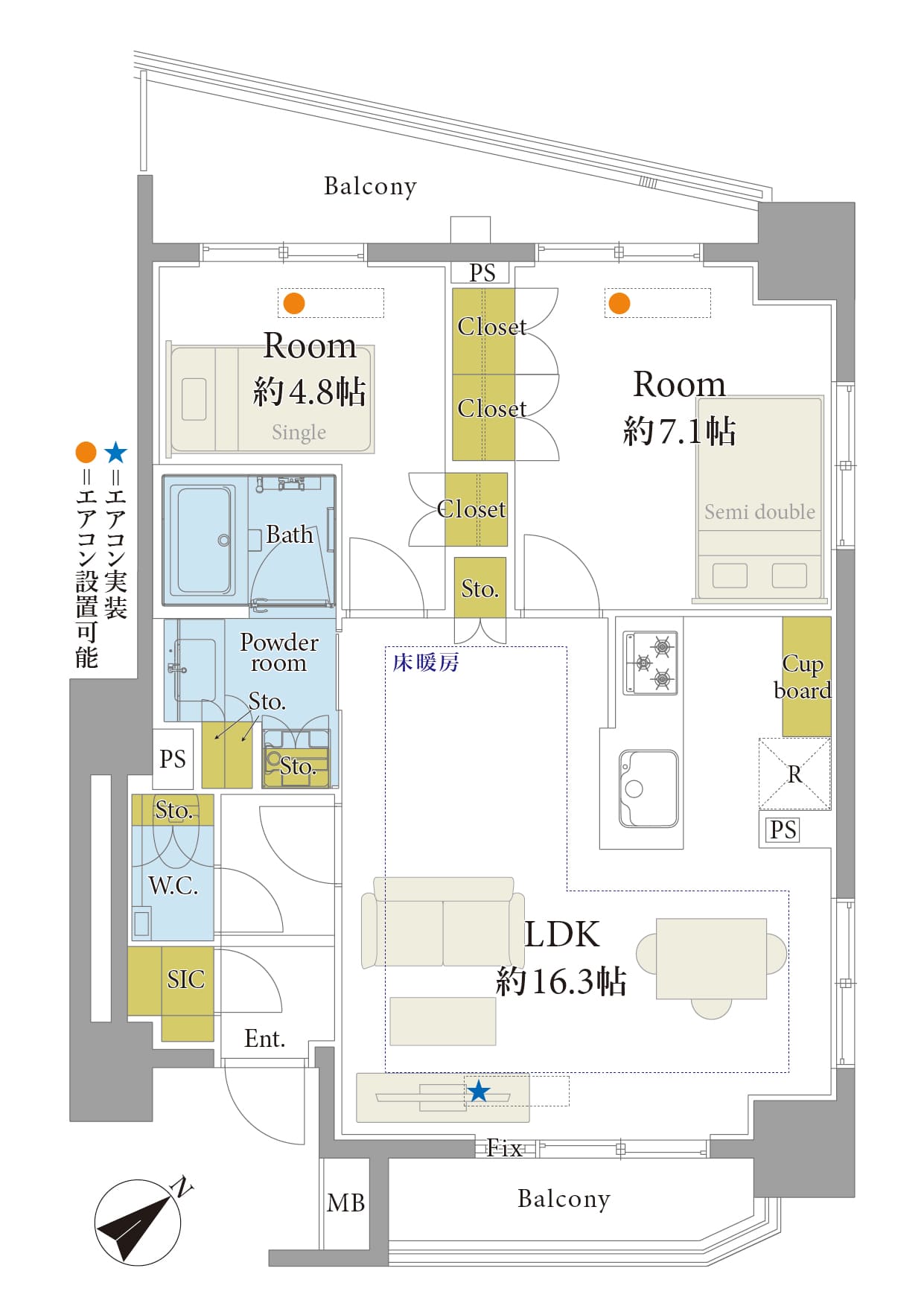 後楽園　3方向角部屋、風が通り抜ける2面バルコニー付の住まい 間取り図