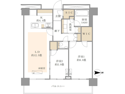 グランドメゾン白金の杜ザ・タワー　東向きワイドスパンがもたらす、光とゆとりの2LDK 間取り図