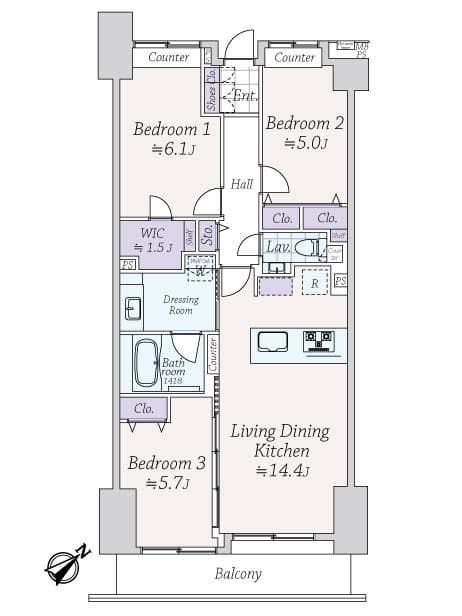 乃木坂　南東向きで心地よい光が差し込む3LDK 間取り図