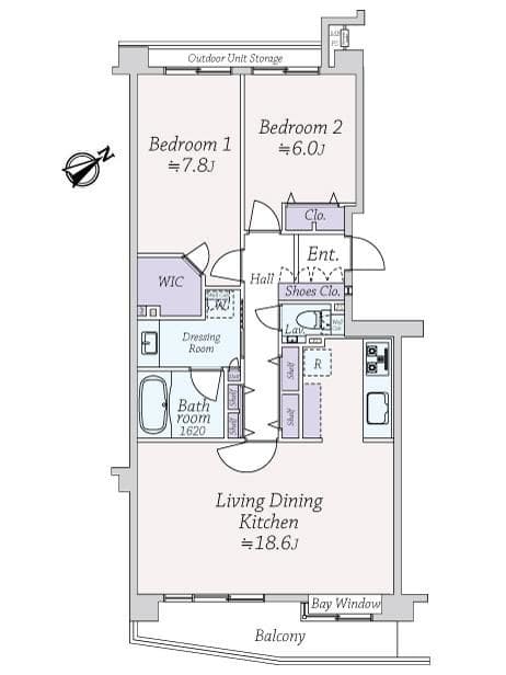 目黒　LDK18帖超で広々、南東向きの2LDK 間取図
