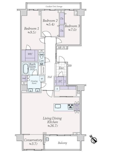桜新町　趣味の時間が楽しめる多目的スペース付、約129㎡の広々3LDK 間取図