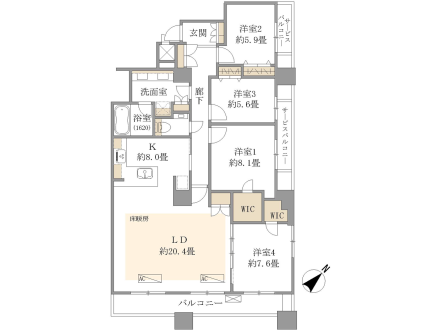 コスモ東京ベイタワー　22階部で全居見晴らし良好、約125㎡の4LDK 間取図