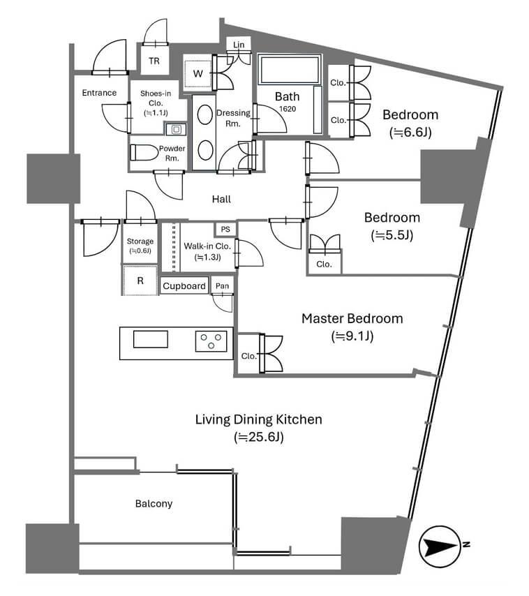 三田ガーデンヒルズEAST HILL　100㎡超の3LDK、窓が多く開放的な住まい 間取り図