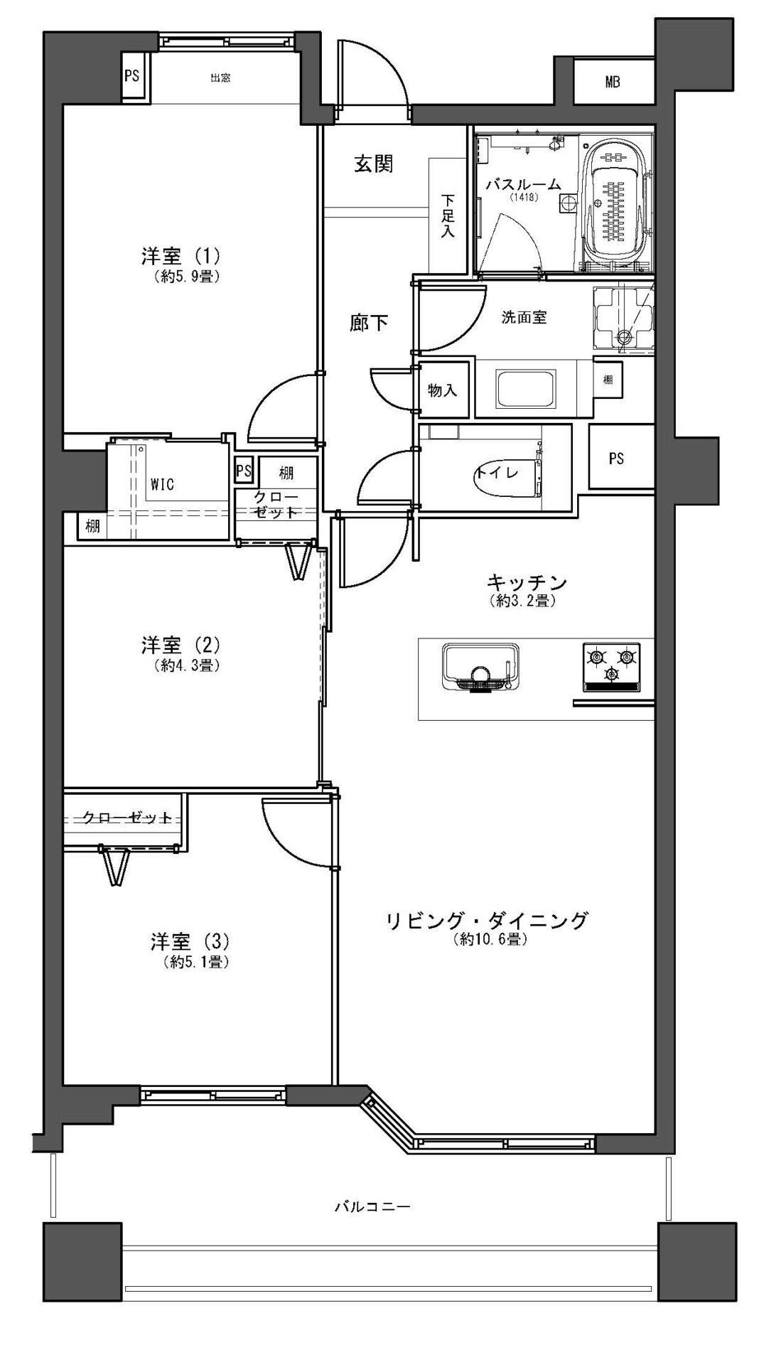 池尻大橋　三軒茶屋も徒歩圏内、人気エリアの南西向き3LDK 間取り図