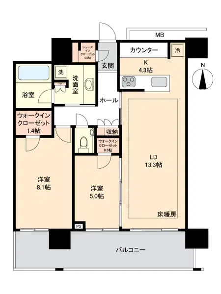 グランドメゾン白金の杜ザ・タワー　自然教育園の緑を一望、白金の杜に寄り添う南向きの2LDK 間取り図
