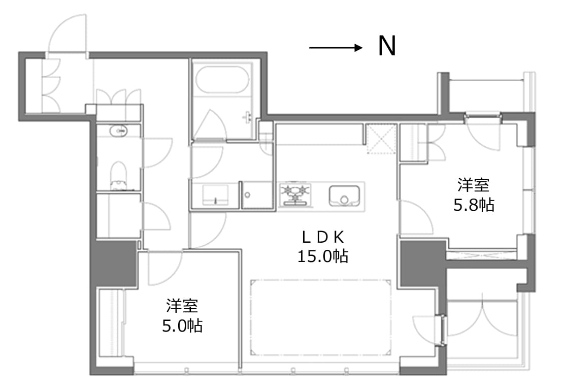 グランドメゾン恵比寿の杜　眺めのいい、角部屋2LDK 間取り図