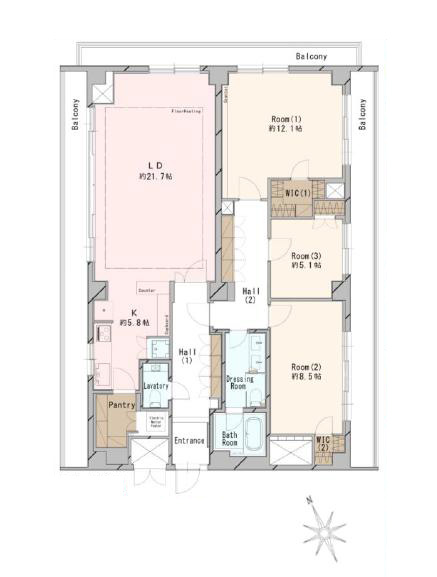 四ツ谷　135㎡超の角住戸、三面バルコニーが叶える開放邸宅 間取り図