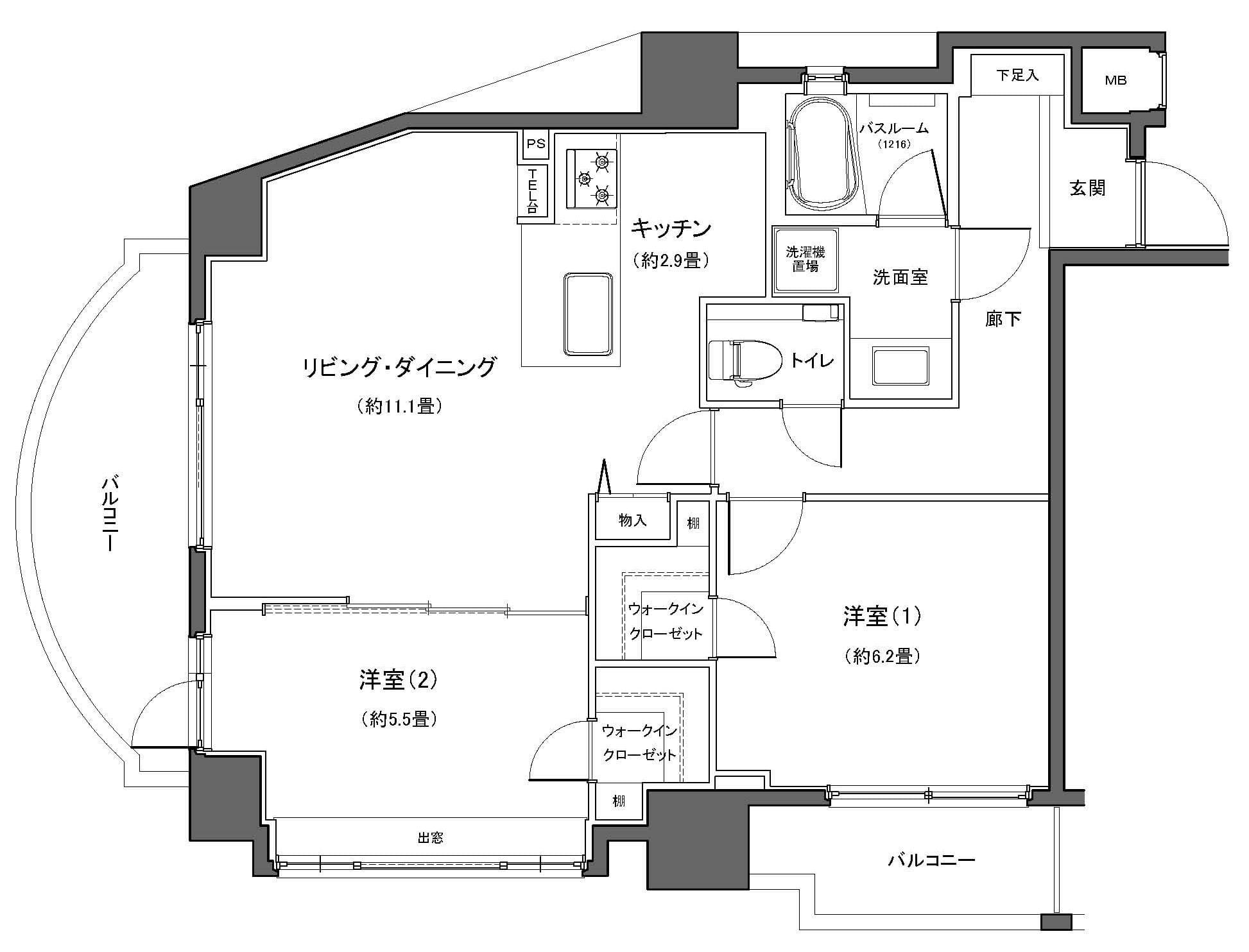 広尾　角部屋で通風良好、二面バルコニー付の2LDK 間取り図