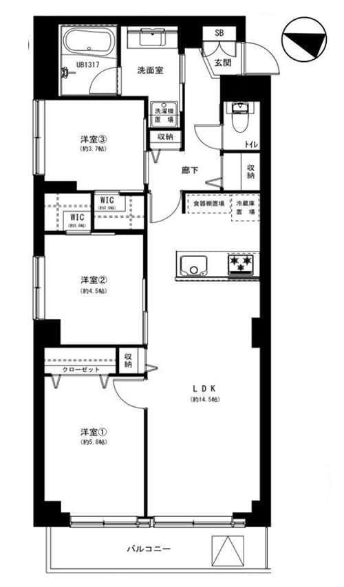 渋谷　最上階角部屋、2WICで収納充実の3LDK 間取り図