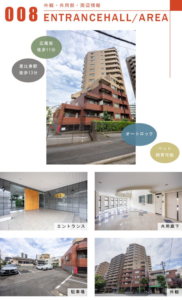 リシェ広尾の外観と共用部