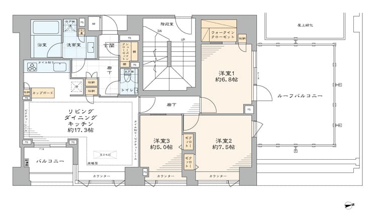 三軒茶屋　青い空が広がる、ゆとりあるルーフバルコニーがある暮らし 間取り図