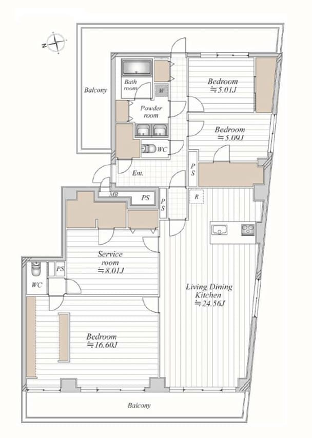 三軒茶屋　ゆとりのある空間設計で収納も充実、135㎡超の角部屋3SLDK 間取り図