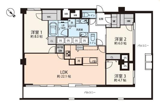乃木坂　100㎡超×最上階角部屋、3つのバルコニーが彩る赤坂邸宅 間取り図