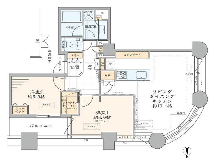 センチュリーパークタワー　23階部、運河と東京スカイツリーを望む開放的な眺望 間取図