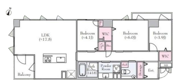 Brillia外苑出羽坂　三面採光が心地よい、78㎡の上質な3LDK 間取り図