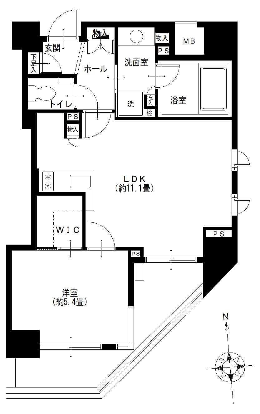 白金高輪　最上階角部屋・南向き、2つのバルコニーを備えた1LDK 間取り図