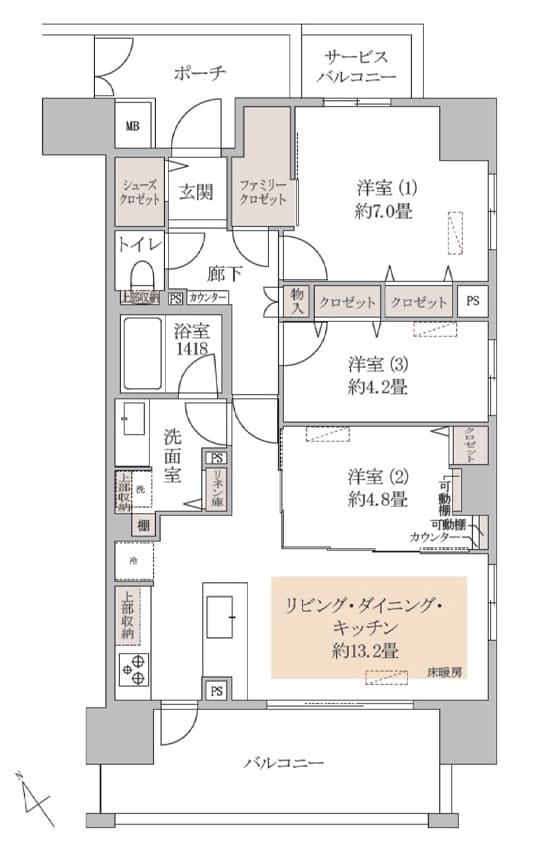 春日　3方向角部屋、光と風が通り抜ける3LDK 間取り図