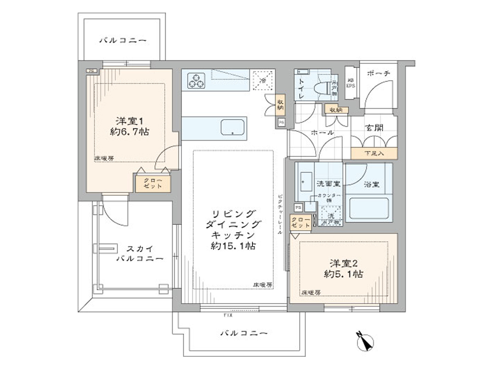 代々木上原　3面バルコニーの開放的な南西角住戸 間取り図