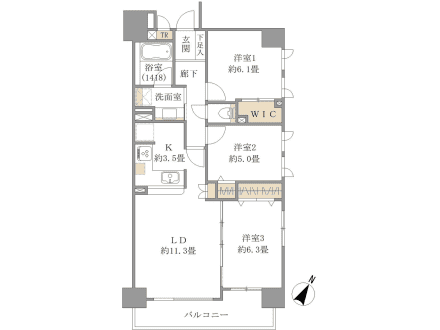 浜町　角部屋で全室窓付、見晴らしのいい開放的な住まい 間取図