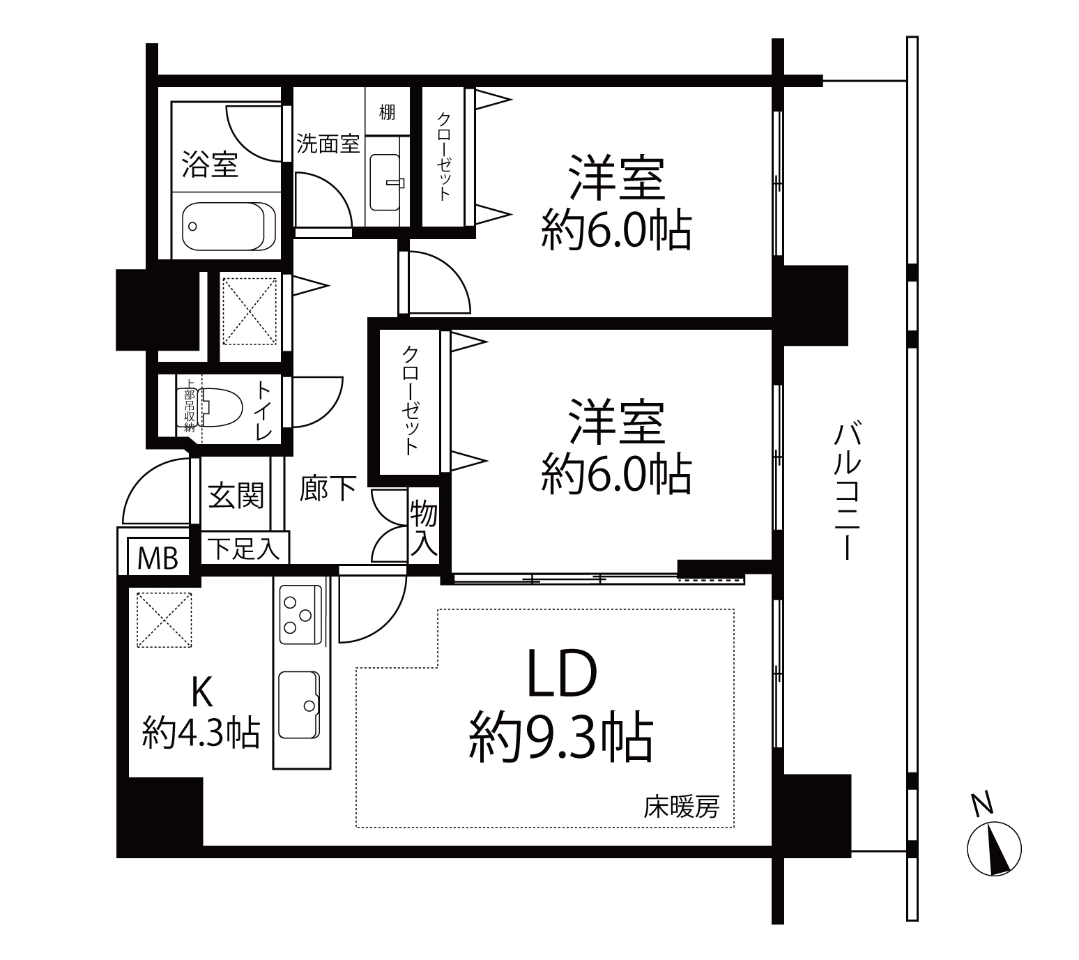 代々木公園　全居室バルコニー付きの2LDK 間取り図