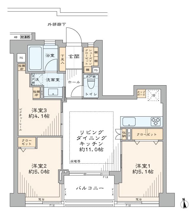 八丁堀　駅から徒歩3分、心地よい光が入る南向き3LDK 間取り図