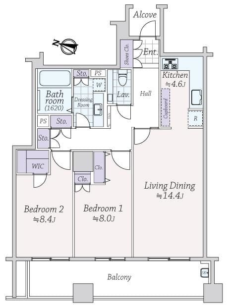 ホーマット三番町　89㎡超、南西向きの2LDK 間取り図