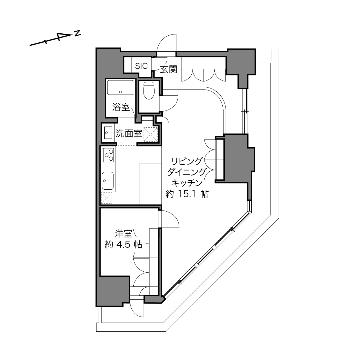 勝どき　無垢材と土間が彩る、南東×北東角住戸 間取り図