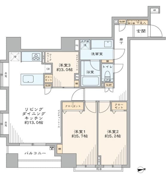 飯田橋　東南角住戸、光を招く3LDK 間取り図