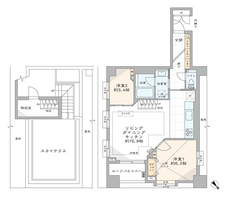 恵比寿　東京タワーを望むスカイテラス、最上階角部屋の特別席 間取り図
