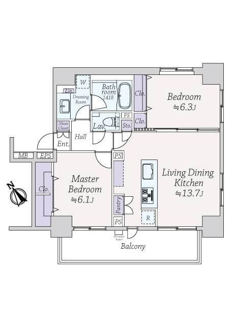 汐留　快適性にこだわった、南西向きの角住戸 間取り図
