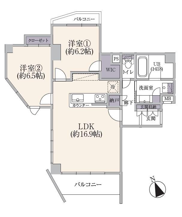 江戸川橋　高台の穏やかな住環境、南西向きの2LDK 間取図