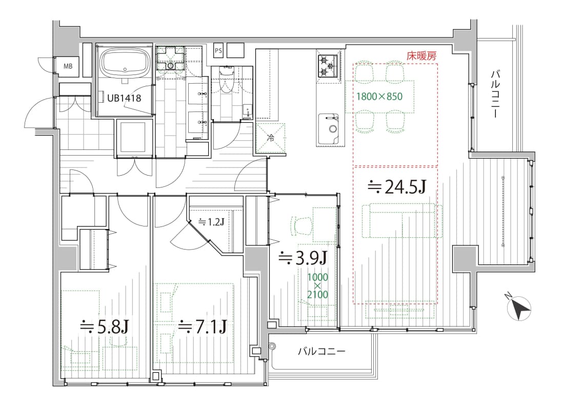 乃木坂　2面採光で暮らす94㎡超の住まい 間取り図
