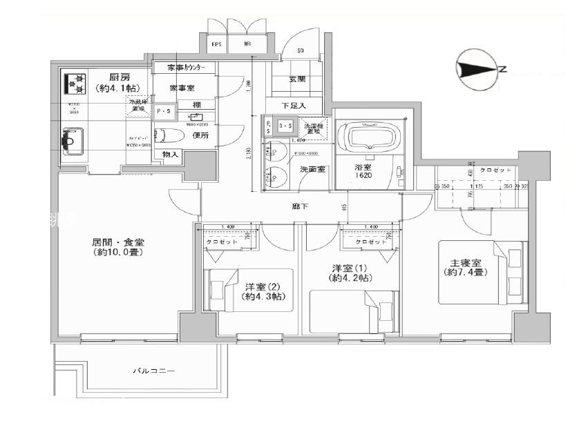 広尾ガーデンヒルズウエストヒルJ棟　緑を身近に感じる、80㎡超の3LDK 間取り図