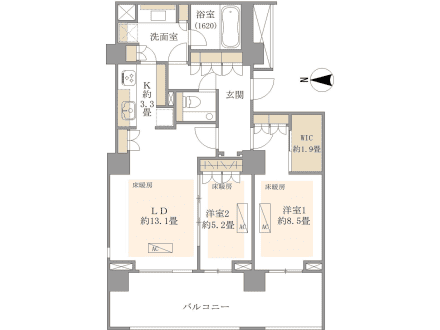 広尾ガーデンフォレスト 桜レジデンスB棟　緑を望む20㎡超のバルコニー、上質な2LDK 間取図