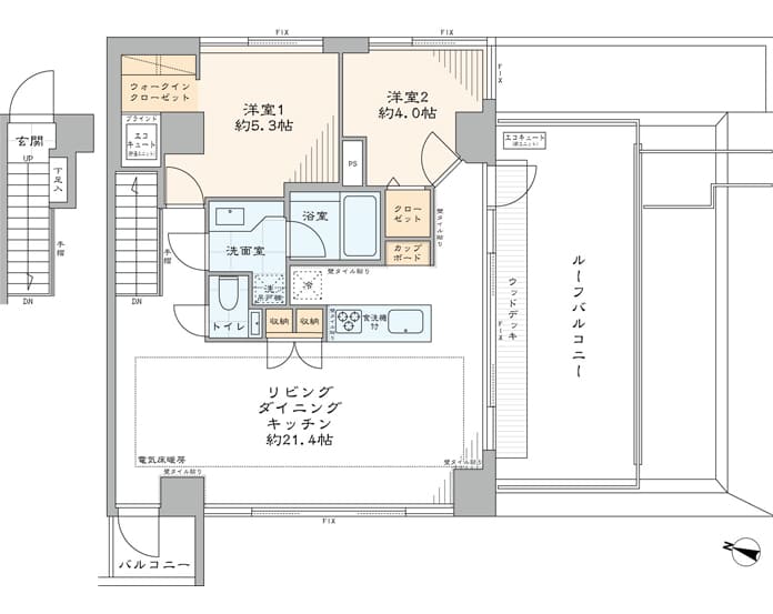 牛込神楽坂　広々ルーフバルコニー付き3方角部屋 間取り図