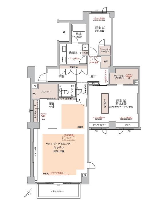 クレストコート砂土原　緑を感じる穏やかな暮らし、140㎡超の大型2LDK 間取り図