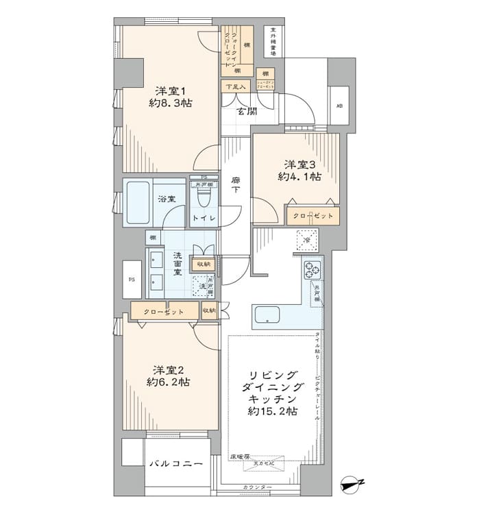 永福町　東南西の3方角部屋、77㎡超の開放的な住まい 間取り図