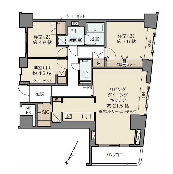後楽園　90㎡超の角住戸、光が届く21帖超LDK 間取り図