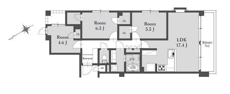 後楽園　陽光に包まれる最上階・三方角住戸 間取図
