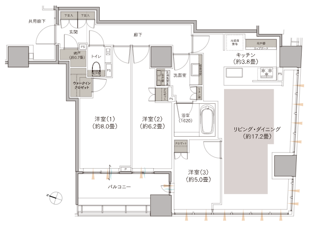 Brillia二番町　新築未入居、90㎡超の南西角住戸 間取図