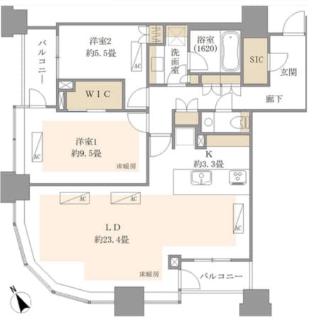パークコート虎ノ門愛宕タワー　東京タワーを望む23階・南西角住戸 間取り図
