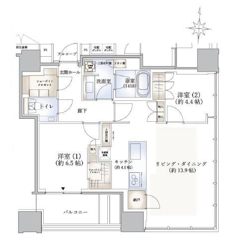 シエリアタワー南麻布　2026年築！東京タワーを望む18階の南東角住戸 間取り図